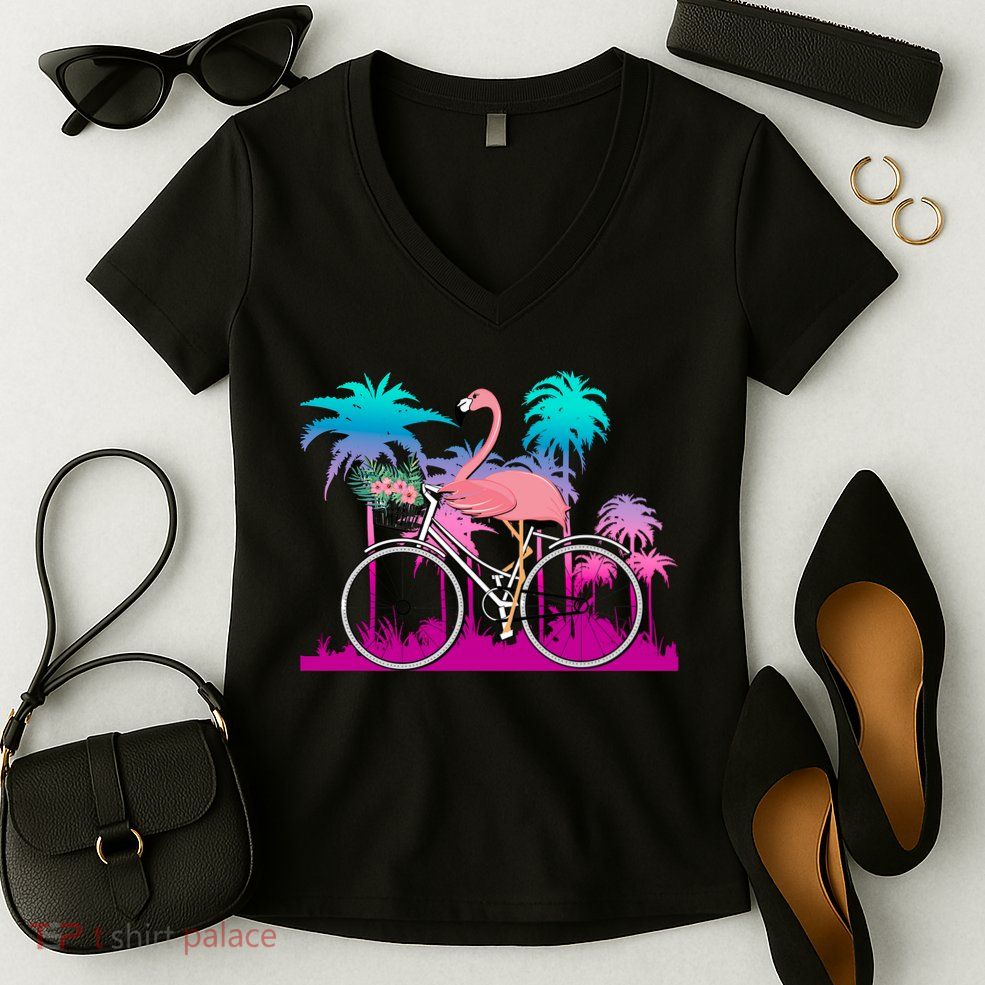 Let's Get Flocked Up Flamingo Riding A Bike Women's V-Neck T-Shirt