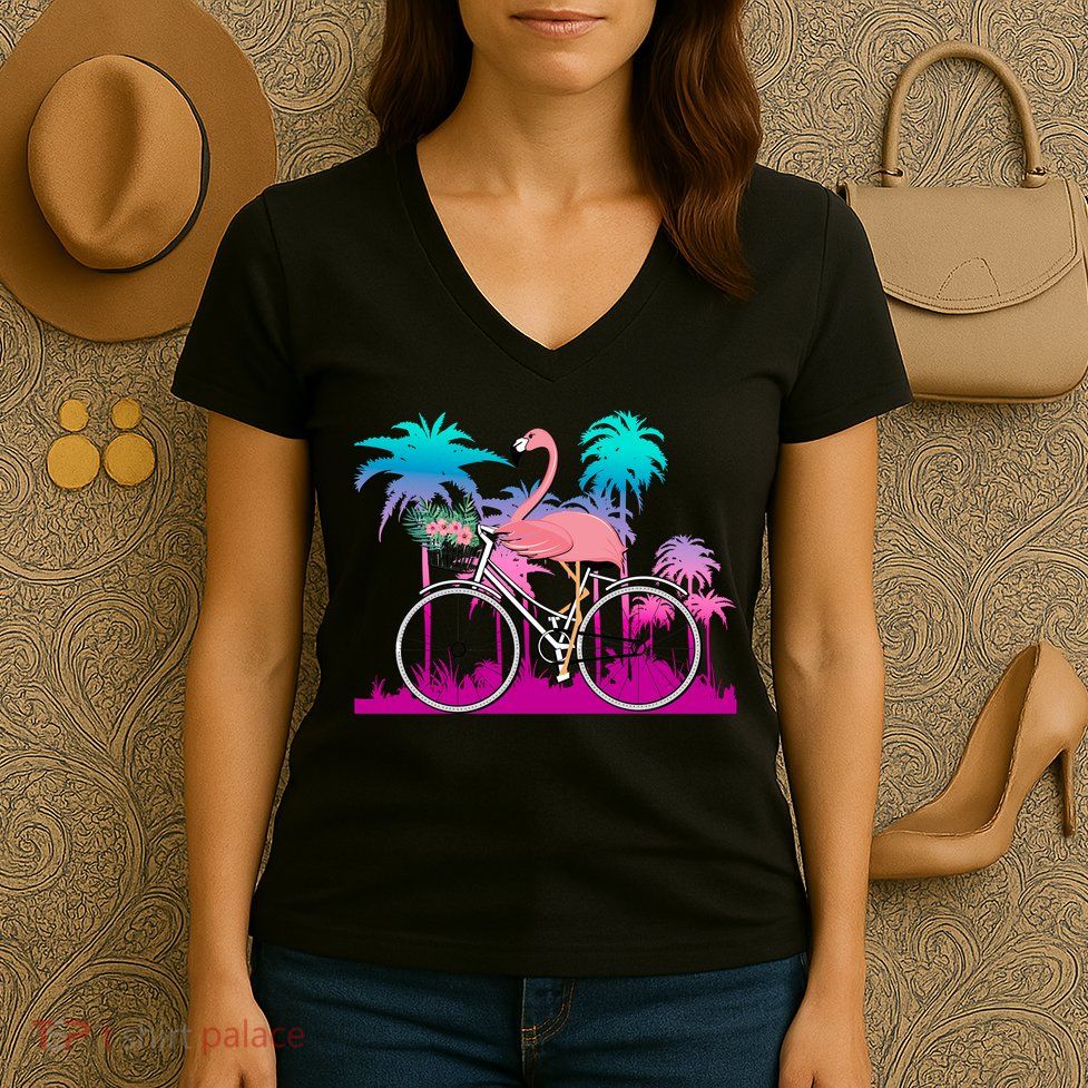 Let's Get Flocked Up Flamingo Riding A Bike Women's V-Neck T-Shirt