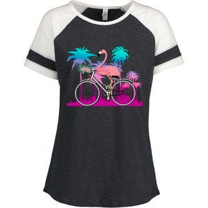 Let's Get Flocked Up Flamingo Riding A Bike Enza Ladies Jersey Colorblock Tee