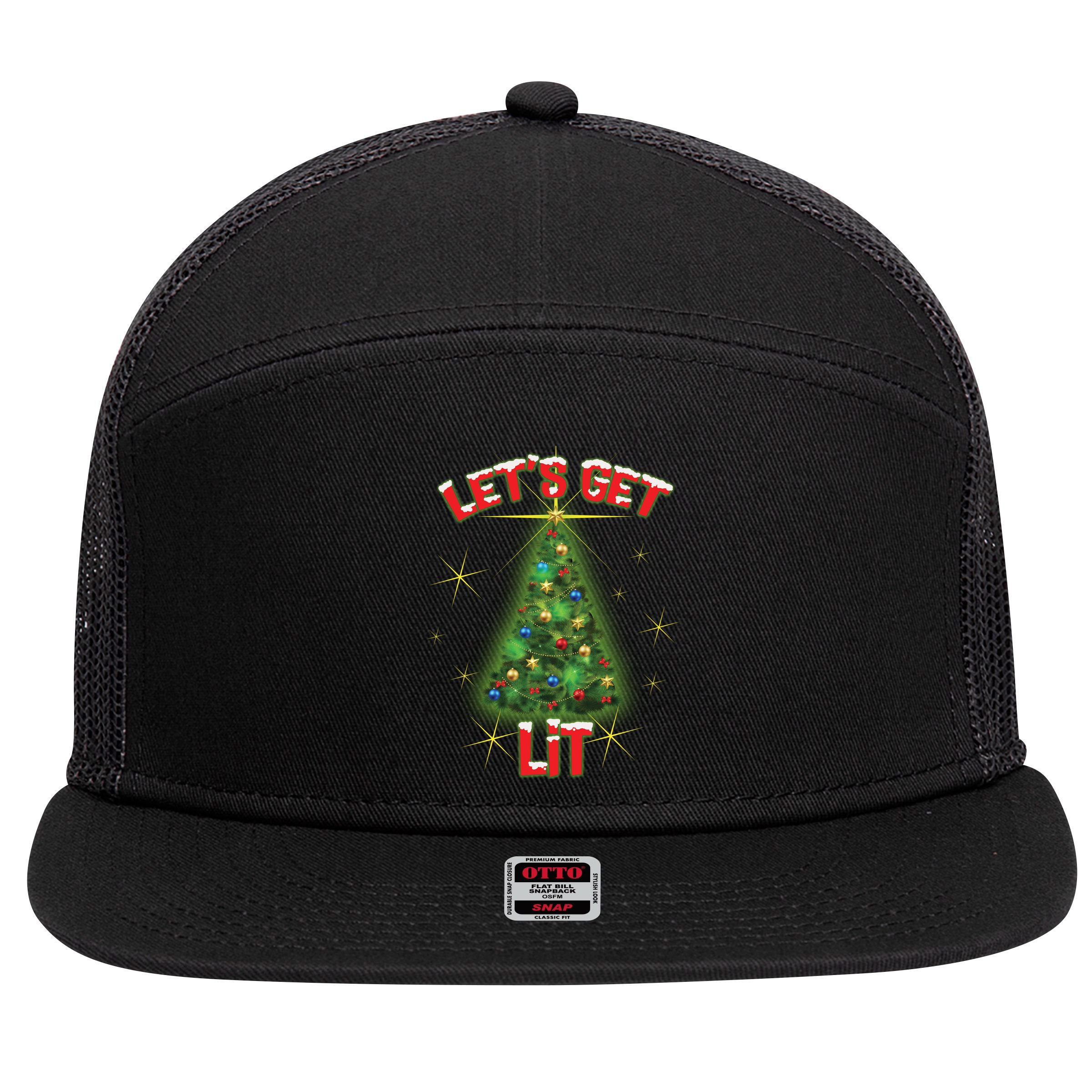 Let's Get Lit Christmas Tree 7 Panel Mesh Trucker Snapback Hat