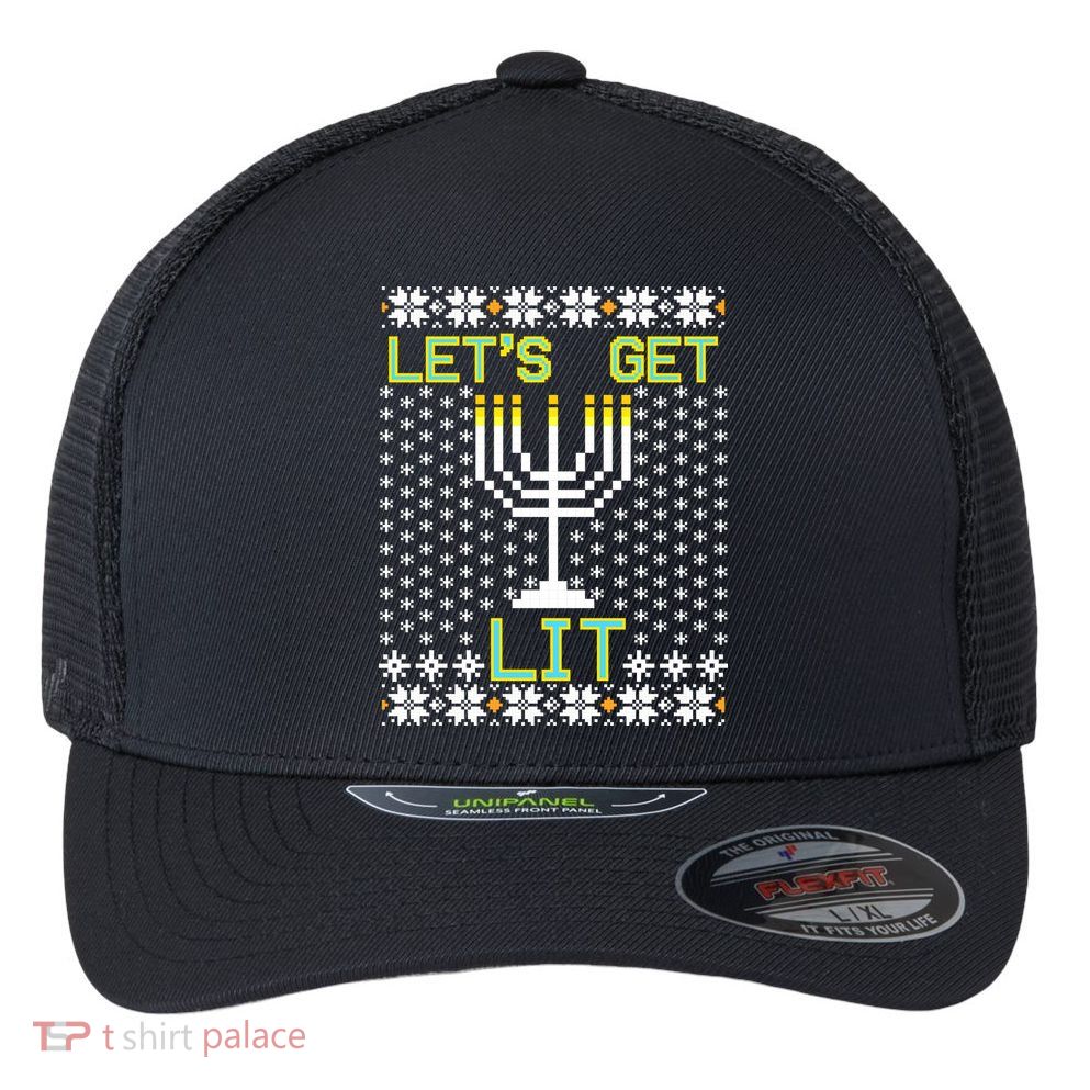 Let's Get Lit Funny Hanukkah Ugly Flexfit Unipanel Trucker Cap