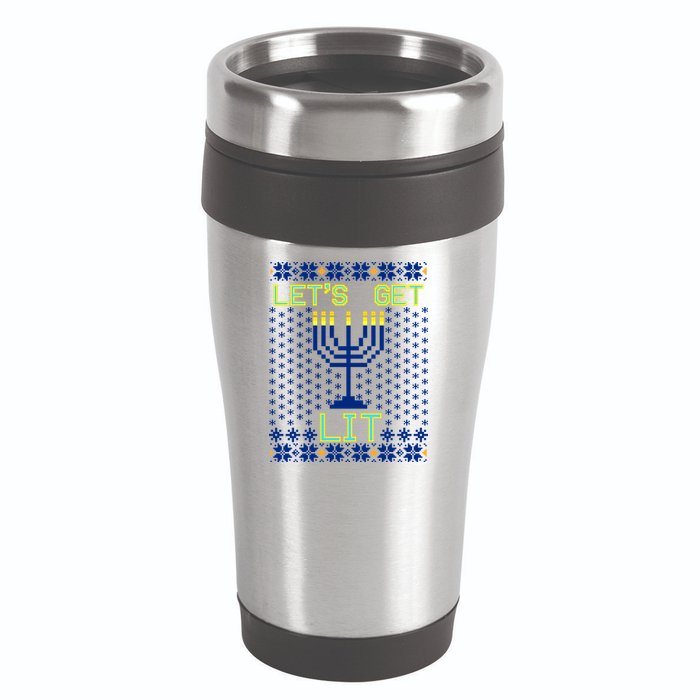 Let's Get Lit Funny Hanukkah Ugly 16oz Travel Tumbler