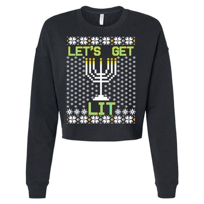 Let's Get Lit Funny Hanukkah Ugly Cropped Pullover Crew