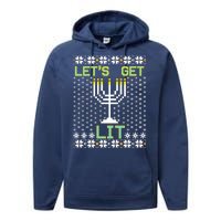 Let's Get Lit Funny Hanukkah Ugly Performance Fleece Hoodie