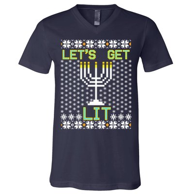 Let's Get Lit Funny Hanukkah Ugly V-Neck T-Shirt