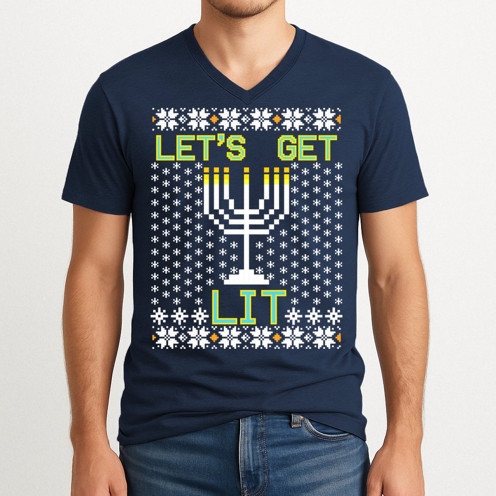 Let's Get Lit Funny Hanukkah Ugly V-Neck T-Shirt