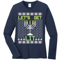 Let's Get Lit Funny Hanukkah Ugly Ladies Long Sleeve Shirt