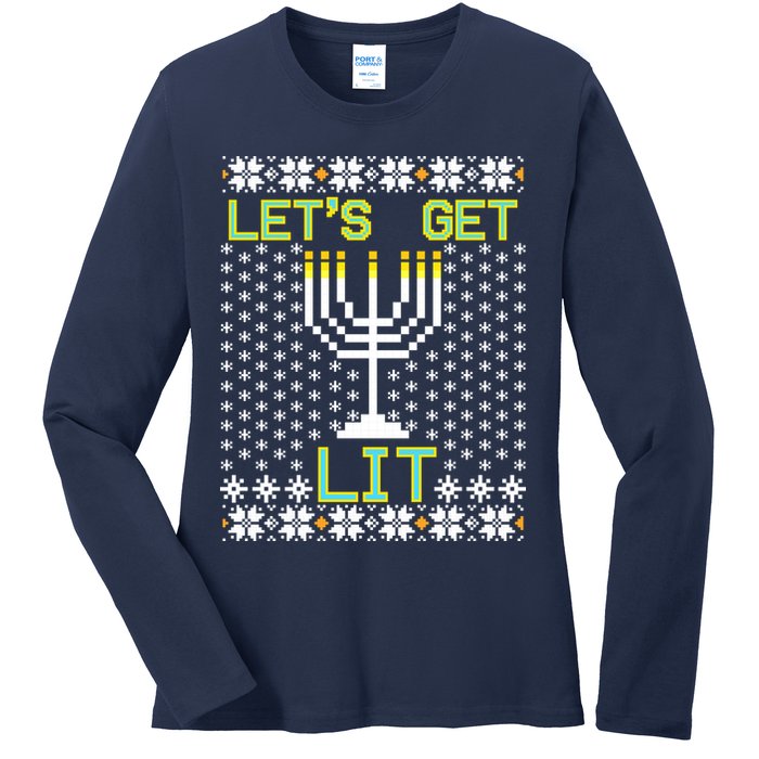 Let's Get Lit Funny Hanukkah Ugly Ladies Long Sleeve Shirt