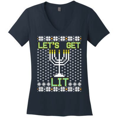 Let's Get Lit Funny Hanukkah Ugly Women's V-Neck T-Shirt