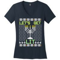Let's Get Lit Funny Hanukkah Ugly Women's V-Neck T-Shirt