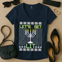 Let's Get Lit Funny Hanukkah Ugly Women's V-Neck T-Shirt