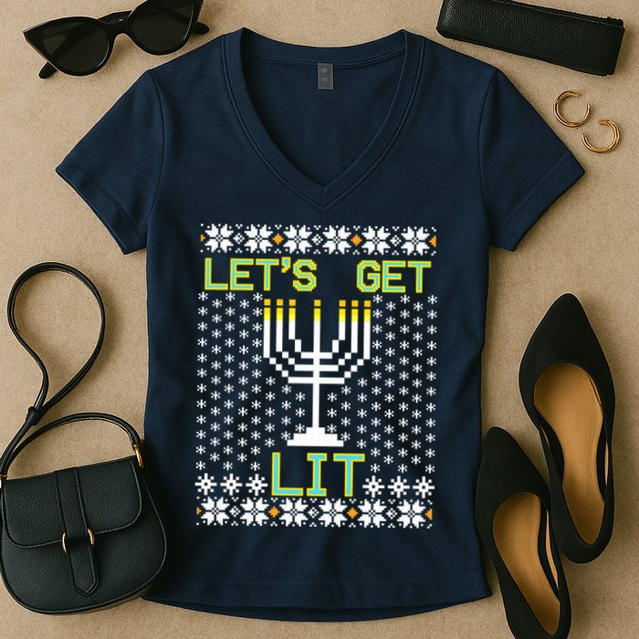 Let's Get Lit Funny Hanukkah Ugly Women's V-Neck T-Shirt