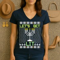 Let's Get Lit Funny Hanukkah Ugly Women's V-Neck T-Shirt