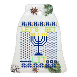 Let's Get Lit Funny Hanukkah Ugly Ceramic Bell Ornament