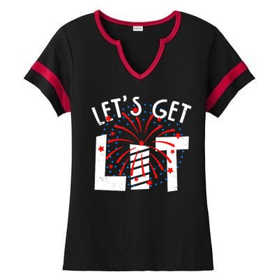 Let's Get Lit Memorial Day 4th of July Fireworks Ladies Halftime Notch Neck Tee