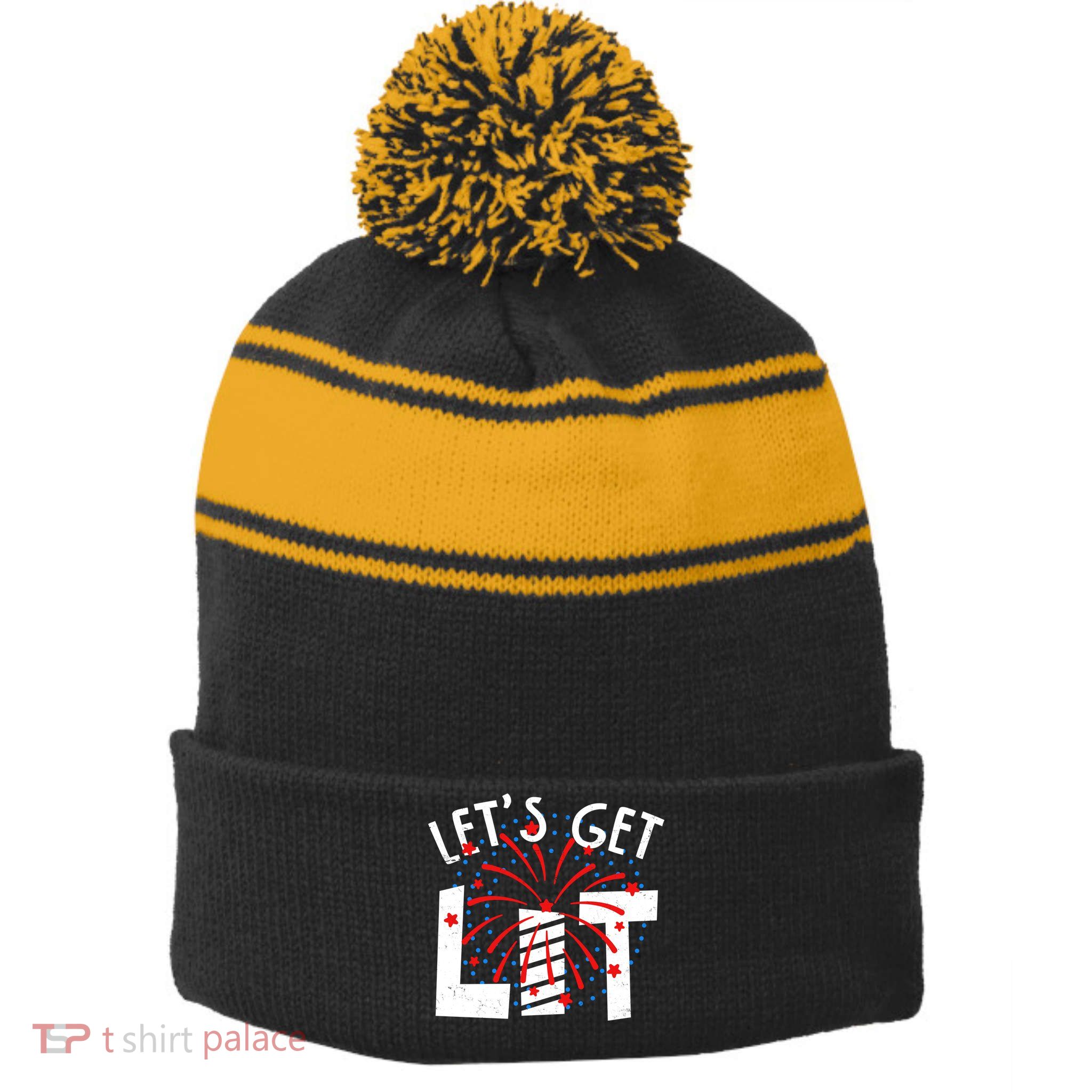 Let's Get Lit Memorial Day 4th of July Fireworks Stripe Pom Pom Beanie