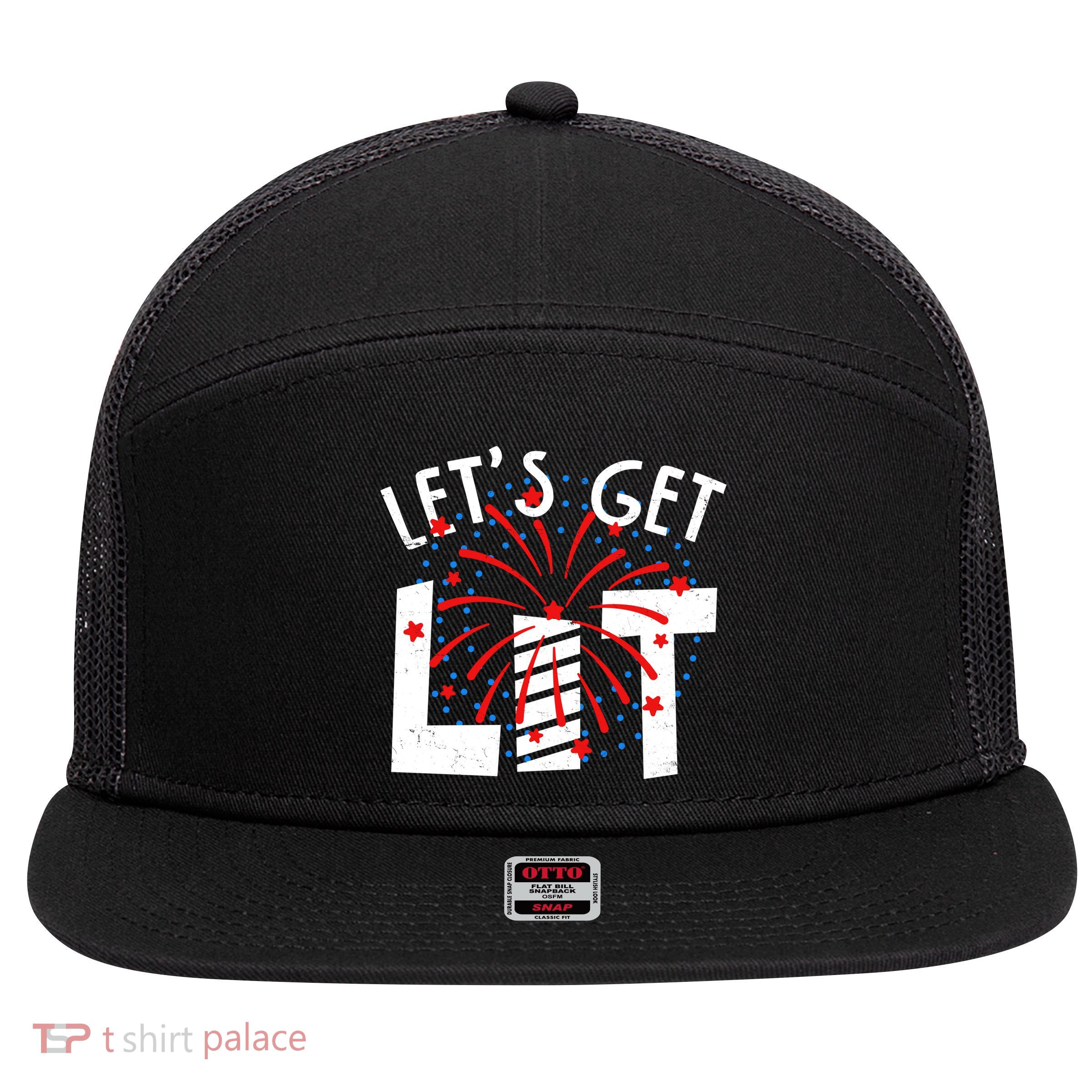 Let's Get Lit Memorial Day 4th of July Fireworks 7 Panel Mesh Trucker Snapback Hat