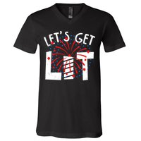 Let's Get Lit Memorial Day 4th of July Fireworks V-Neck T-Shirt
