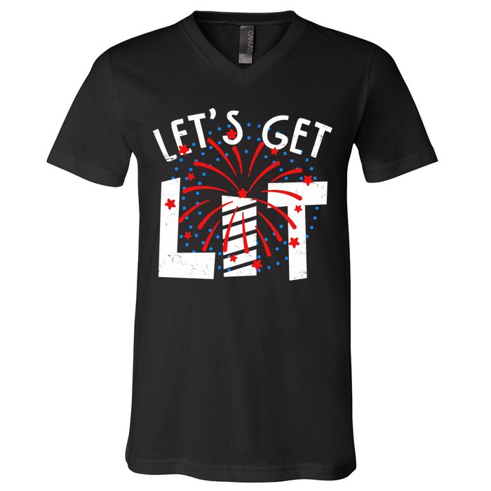 Let's Get Lit Memorial Day 4th of July Fireworks V-Neck T-Shirt