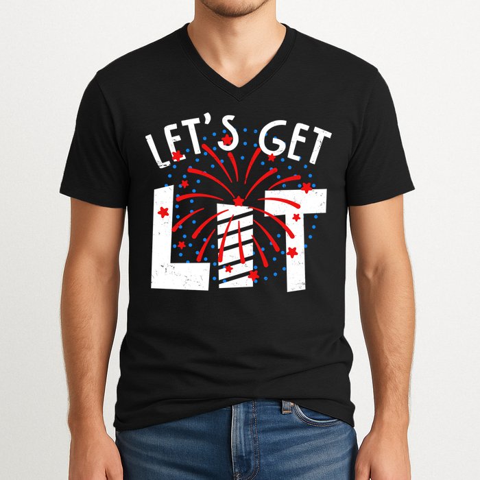 Let's Get Lit Memorial Day 4th of July Fireworks V-Neck T-Shirt