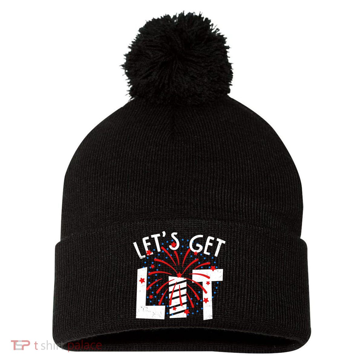 Let's Get Lit Memorial Day 4th of July Fireworks Pom Pom 12in Knit Beanie