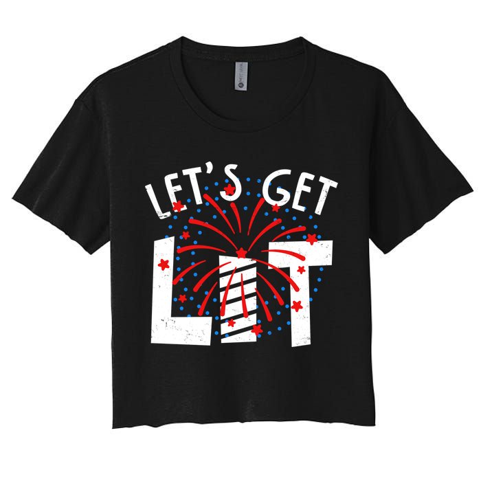 Let's Get Lit Memorial Day 4th of July Fireworks Women's Crop Top Tee