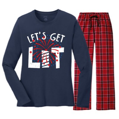 Let's Get Lit Memorial Day 4th of July Fireworks Women's Long Sleeve Flannel Pajama Set 