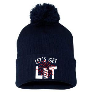 Let's Get Lit Memorial Day 4th of July Fireworks Pom Pom 12in Knit Beanie