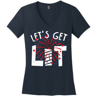 Let's Get Lit Memorial Day 4th of July Fireworks Women's V-Neck T-Shirt