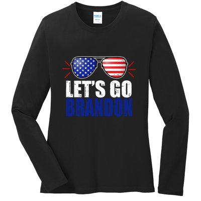 Lets Go Brandon American Flag Aviator Shades FJB Chant Ladies Long Sleeve Shirt