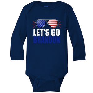 Lets Go Brandon American Flag Aviator Shades FJB Chant Baby Long Sleeve Bodysuit