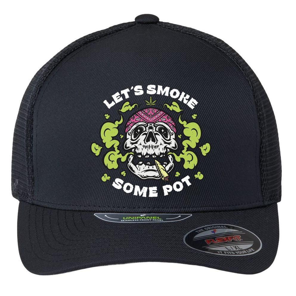 Let's Smoke Some Pot Skull Flexfit Unipanel Trucker Cap