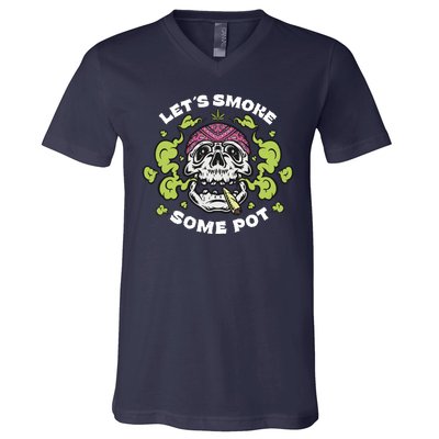 Let's Smoke Some Pot Skull V-Neck T-Shirt