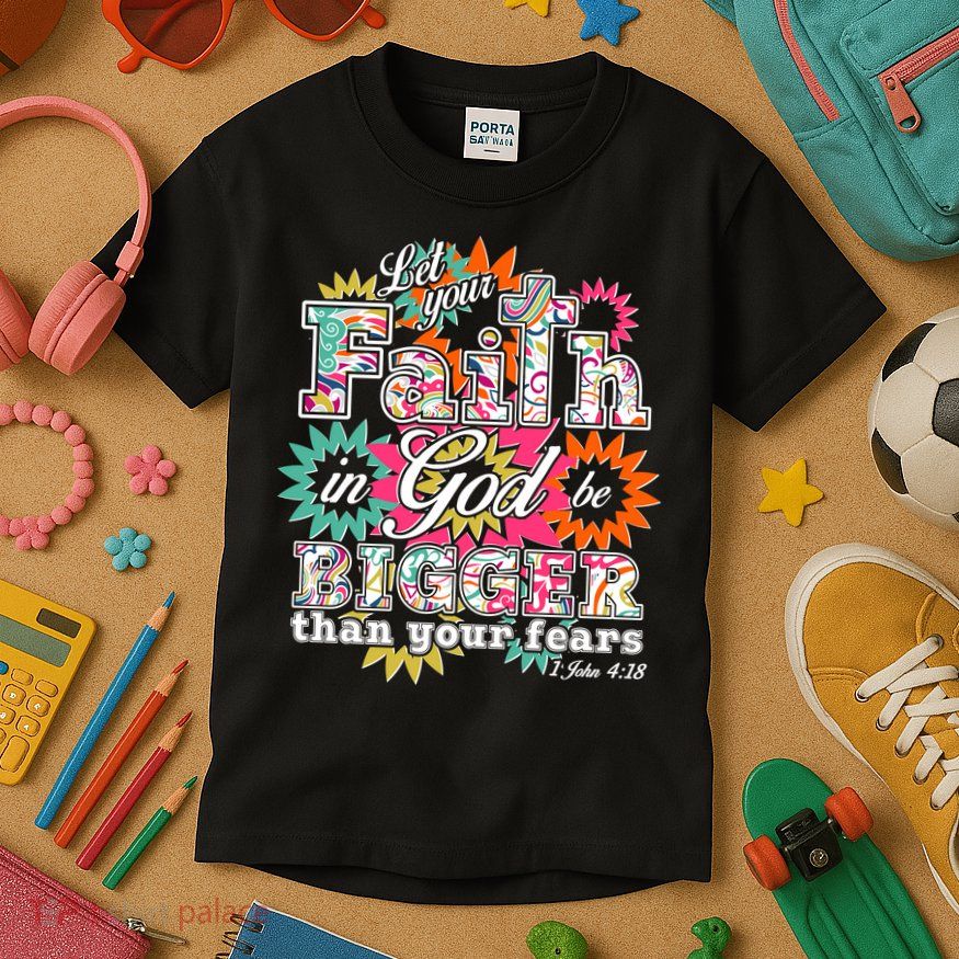 Let's Your Faith in God be Bigger Than You Fears 1 John 4:18 Kids T-Shirt