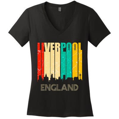 Liverpool England United Kingdom Retro City Skyline Women's V-Neck T-Shirt