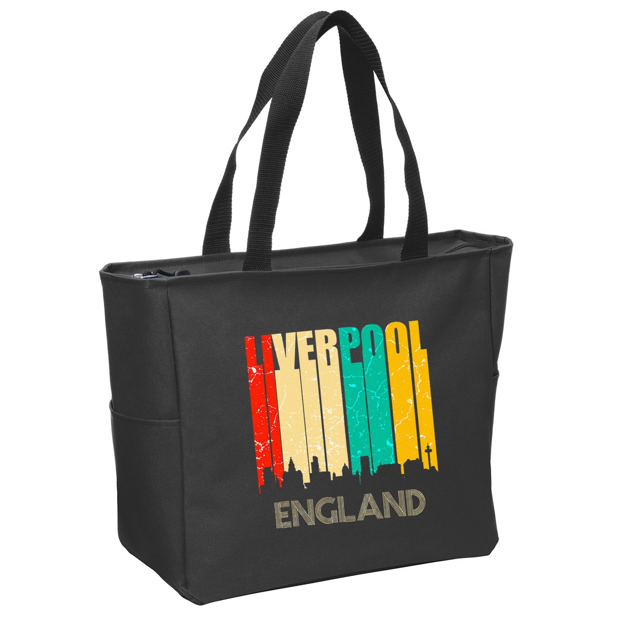 Liverpool England United Kingdom Retro City Skyline Zip Tote Bag