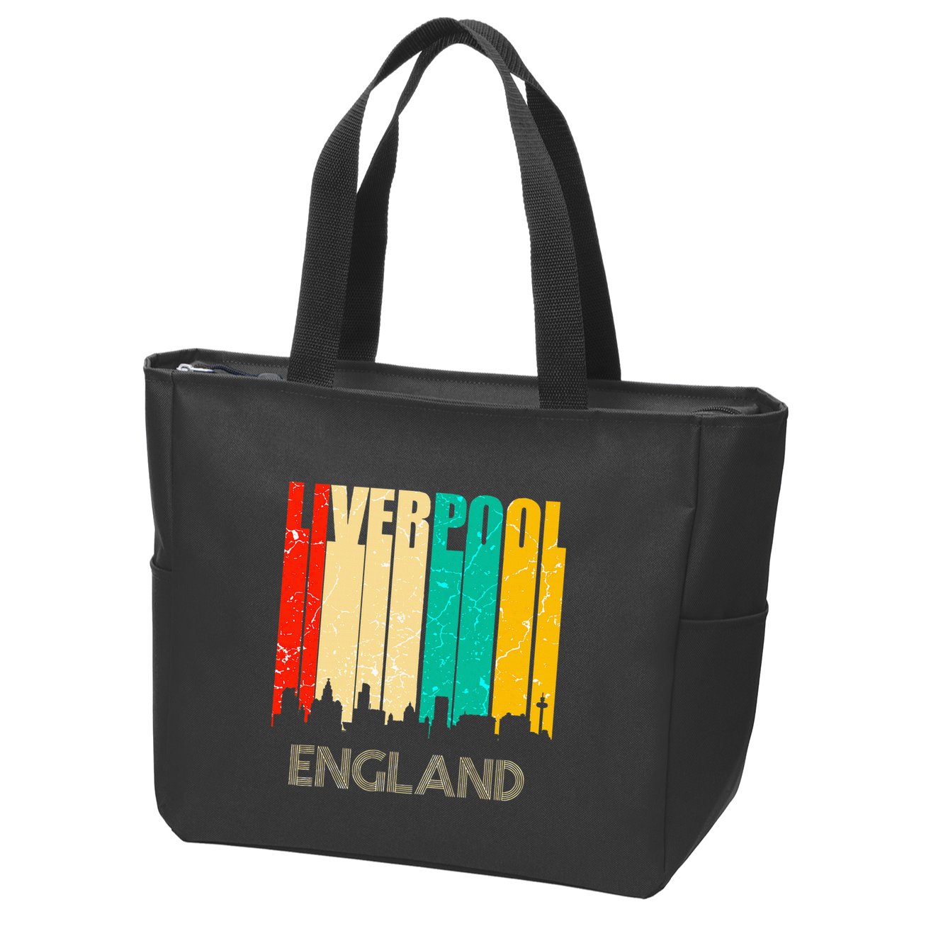 Liverpool England United Kingdom Retro City Skyline Zip Tote Bag