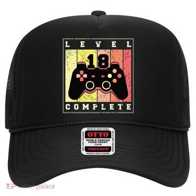 Level 18 Complete Gaming 18th Birthday High Crown Mesh Back Trucker Hat