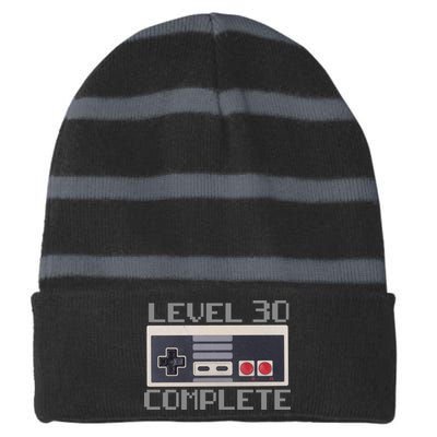 Level 30 Complete Retro Gamer 30th Birthday Striped Beanie with Solid Band