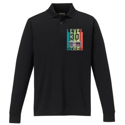 Level 30 Unlocked Funny Retro Gamer Birthday Performance Long Sleeve Polo