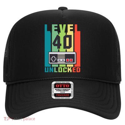 Level 40 Unlocked Funny Retro Gamer Birthday High Crown Mesh Back Trucker Hat