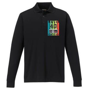 Level 40 Unlocked Funny Retro Gamer Birthday Performance Long Sleeve Polo