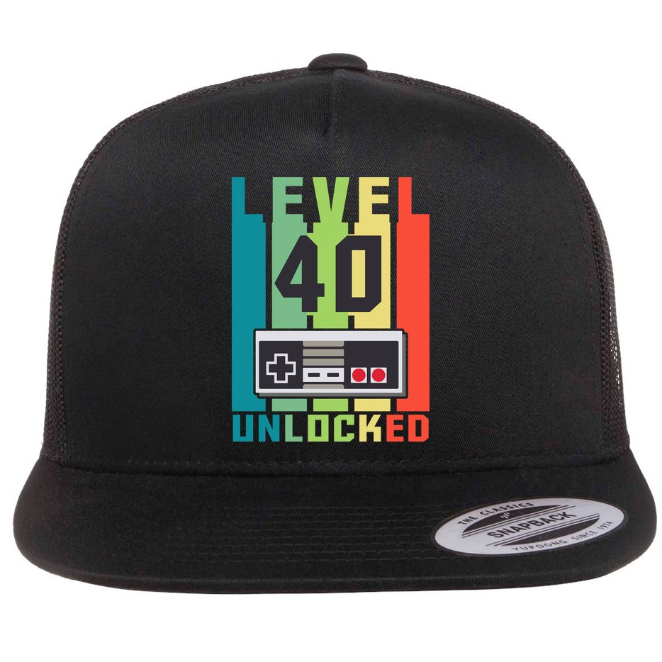 Level 40 Unlocked Funny Retro Gamer Birthday Flat Bill Trucker Hat
