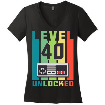 Level 40 Unlocked Funny Retro Gamer Birthday Women's V-Neck T-Shirt