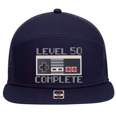 Level 50 Complete Retro Gamer 50th Birthday 7 Panel Mesh Trucker Snapback Hat