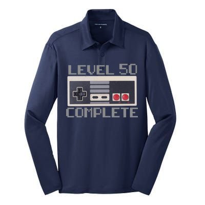 Level 50 Complete Retro Gamer 50th Birthday Silk Touch Performance Long Sleeve Polo