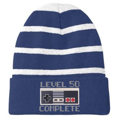 Level 50 Complete Retro Gamer 50th Birthday Striped Beanie with Solid Band