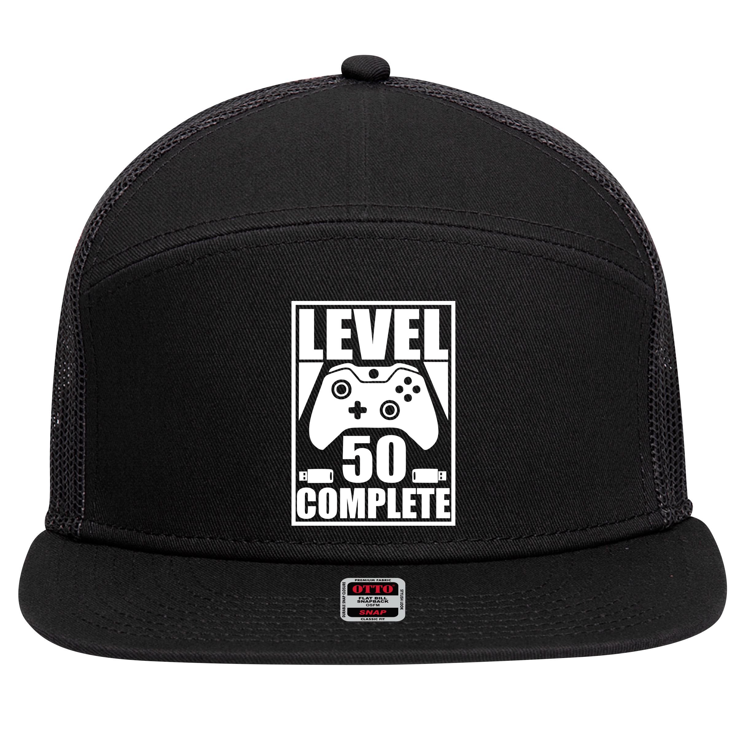 Level 50 Complete Video Gamer 50th Birthday 7 Panel Mesh Trucker Snapback Hat
