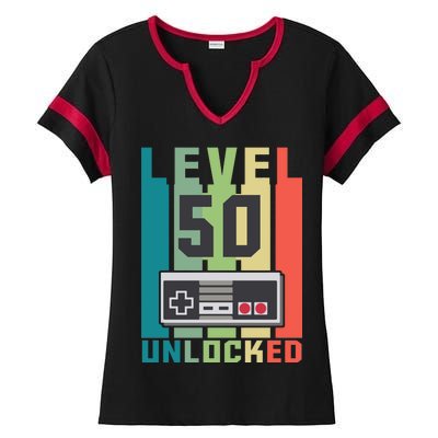 Level 50 Unlocked Funny Retro Gamer Birthday Ladies Halftime Notch Neck Tee