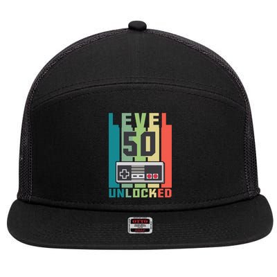 Level 50 Unlocked Funny Retro Gamer Birthday 7 Panel Mesh Trucker Snapback Hat